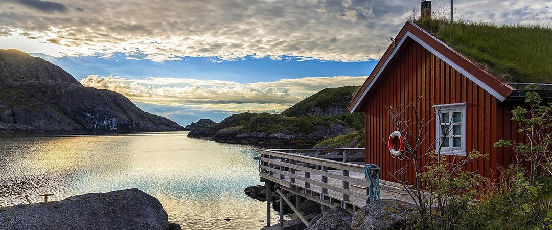 Glasbild Panorama | Wandbild aus Echtglas | Sonnenaufgang am Fjord Norwegens | 100x40 cm | inkl. Auf