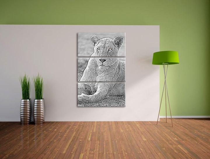 prächtige weisse Löwin schwarz/weiss Deluxe 3-Teiler Leinwandbild 120x80 Bild auf Leinwand, XXL ries