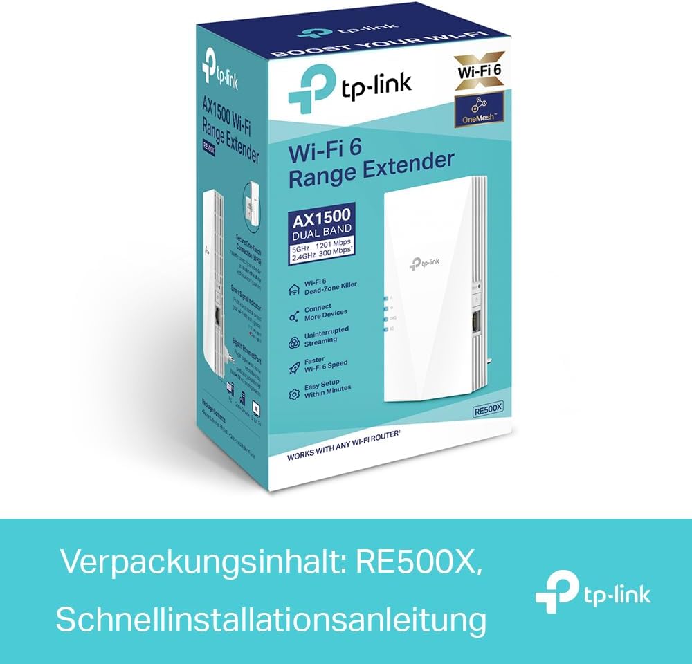 TP-Link RE500X WiFi 6 WLAN Verstärker Repeater AX1500(Dualband 1200MBit/s 5GHz + 300MBit/s 2,4GHz, T