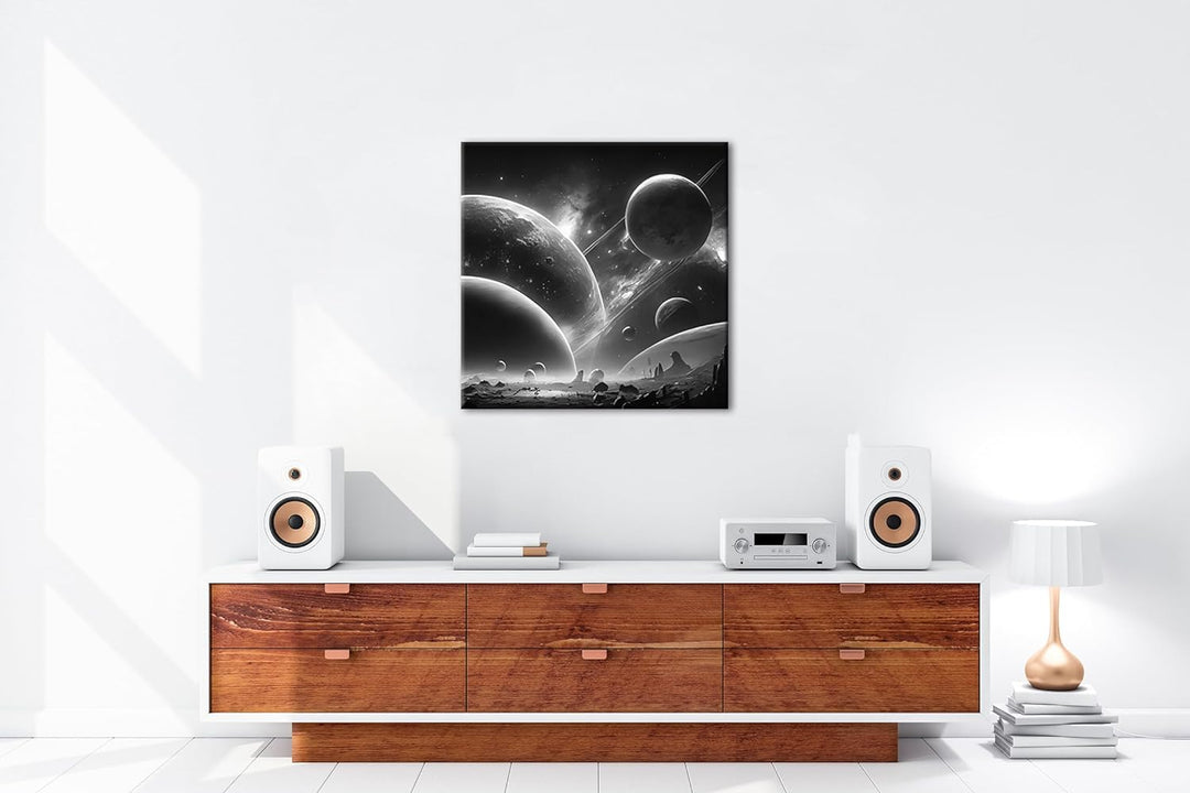 deyoli Planeten mit Baum bei Nacht im Format: 60x60 Effekt: Schwarz&Weiss als Leinwandbild, Motiv au