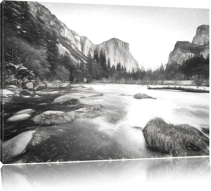 Pixxprint Yosemite National Park California Kunst Kohle Effekt, Format: 100x70 auf Leinwand, XXL rie
