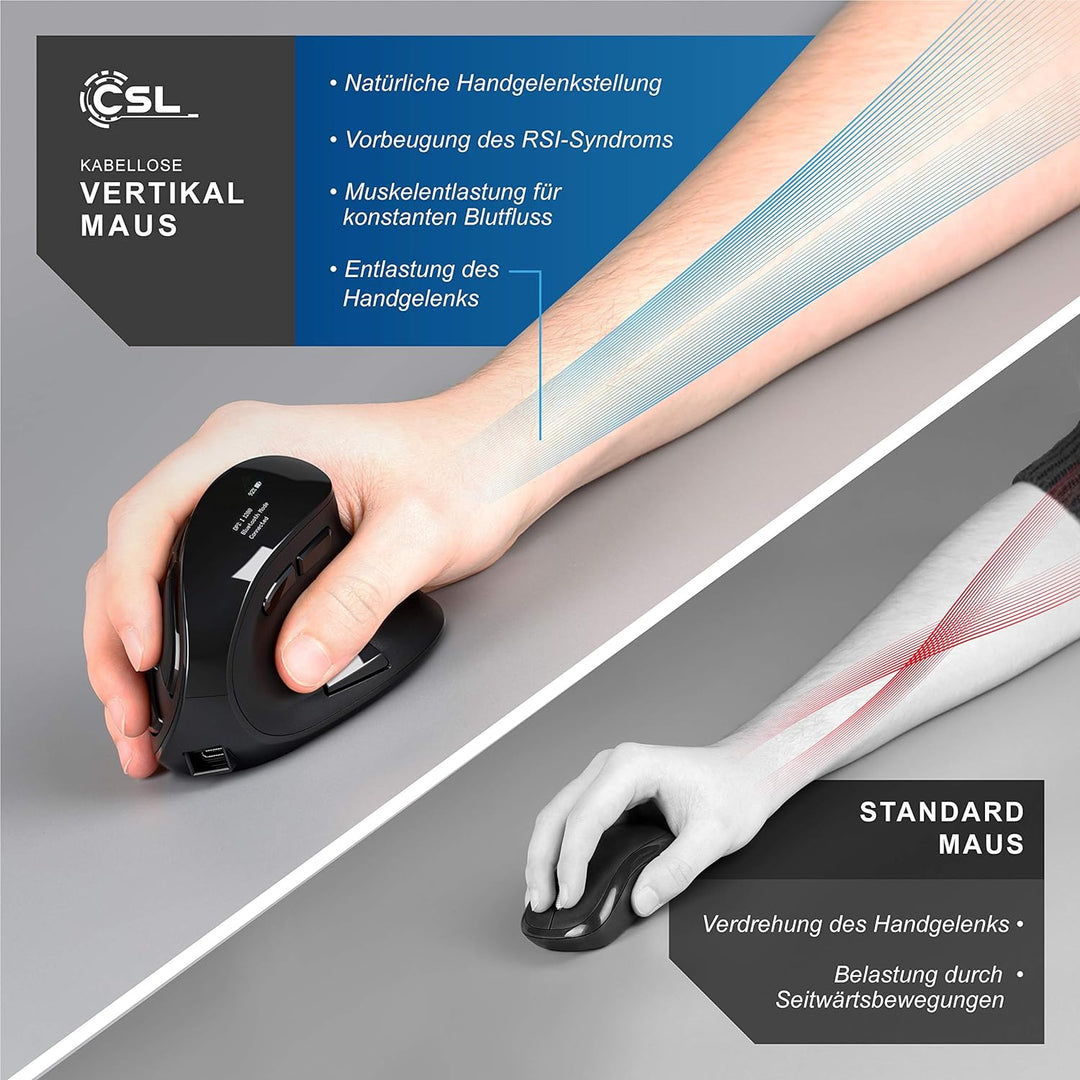 CSL - optische vertikale Maus kabellos - Wireless Mouse – Funkmaus mit OLED Display - 2,4 Ghz - gege
