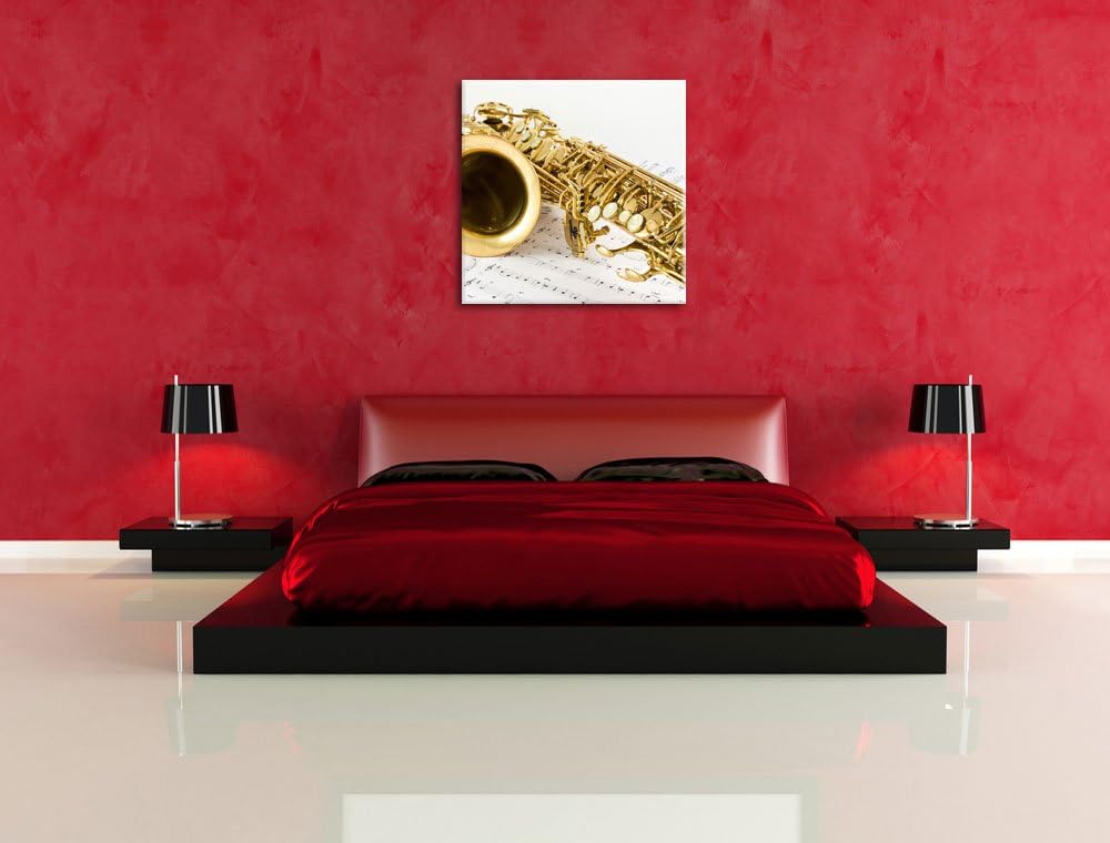 Saxophon auf Notenpapier, Format: 70x70 auf Leinwand, XXL riesige Bilder fertig gerahmt mit Keilrahm