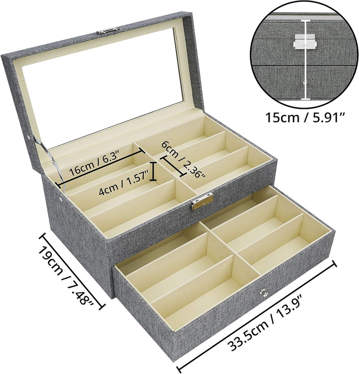 Kurtzy Verschliessbare Sonnenbrillen Aufbewahrungsbox 2 Stufig – Brillen Schatulle mit Schloss und S