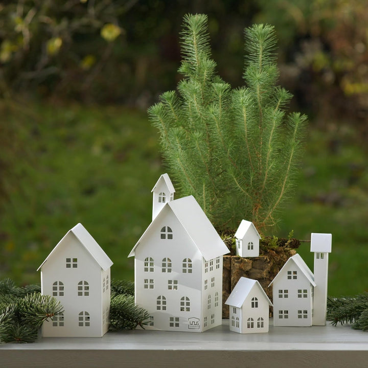 UNUS Deko Häuser 5er Set, Lichthäuser aus Metall, in Weiss, Herbstdeko Outdoor, Weihnachtsdorf für G