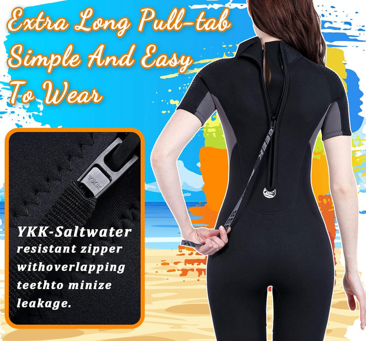 Neoprenanzug Damen und Herren Kurz 3mm für Herren Rückenreissverschluss zum Tauchen, Schnorcheln, Su