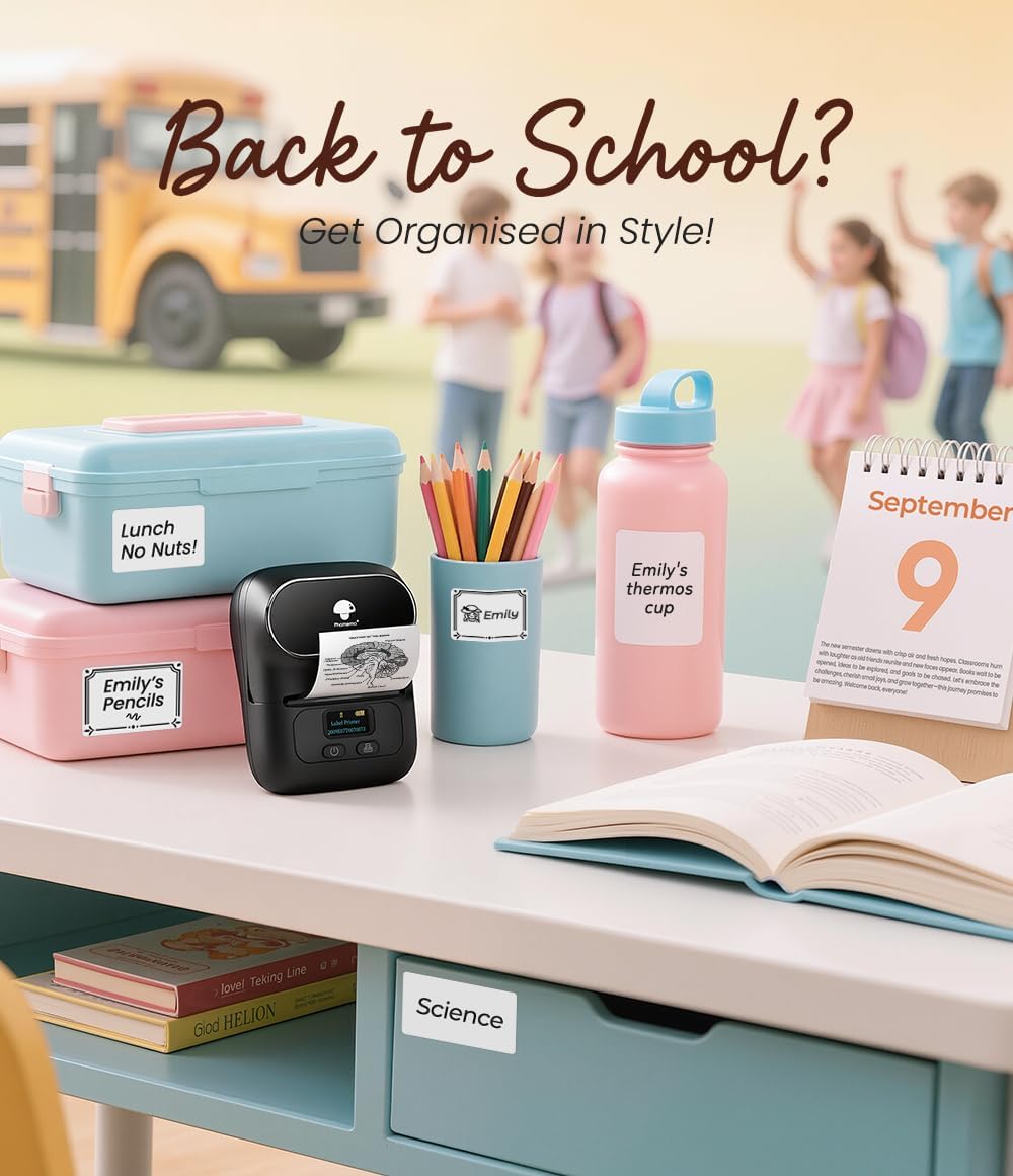 Phomemo M110 Etikettendrucker mit 3 Etikettenrollen, Beschriftungsgerät Selbstklebend für Telefon un