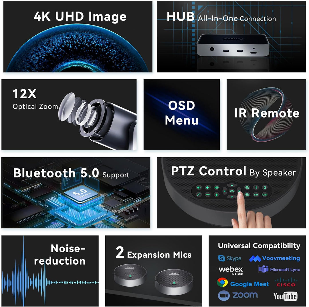 Tenveo 4K PTZ-Konferenzkamera mit Bluetooth-Freisprecheinrichtung 2 Erweiterungsmikrofone 12-facher