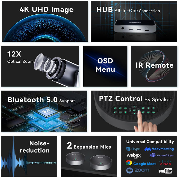 Tenveo 4K PTZ-Konferenzkamera mit Bluetooth-Freisprecheinrichtung 2 Erweiterungsmikrofone 12-facher