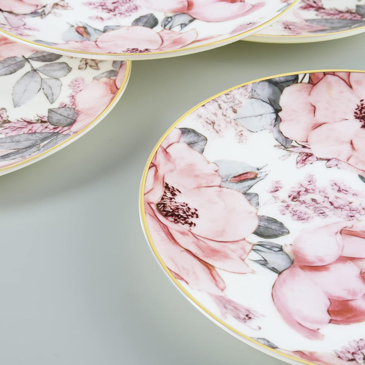 fanquare 20cm Bone China Salatteller mit Goldrand, Pink Floral Pasta Schalen 4er Set, Porzellan Dess