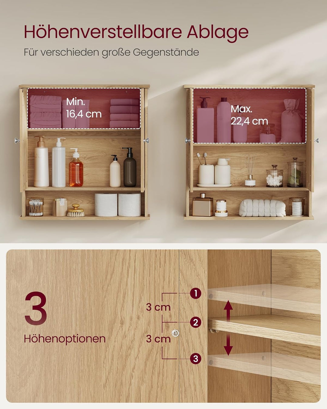 VASAGLE Spiegelschrank, Badschrank, Wandschrank, Hängeschrank mit 2 Spiegeltüren und offenem Fach, v