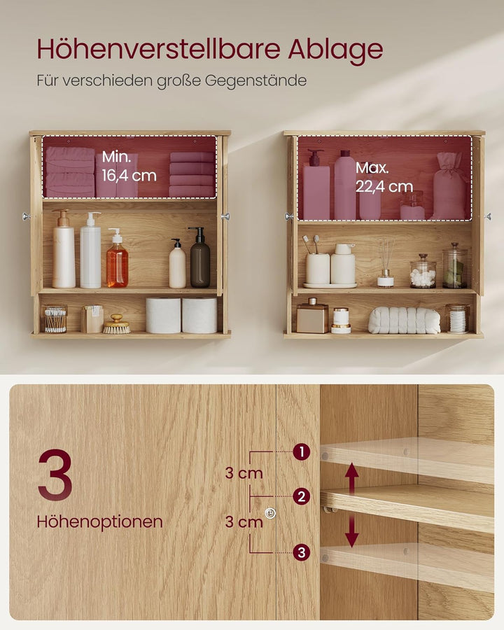 VASAGLE Spiegelschrank, Badschrank, Wandschrank, Hängeschrank mit 2 Spiegeltüren und offenem Fach, v