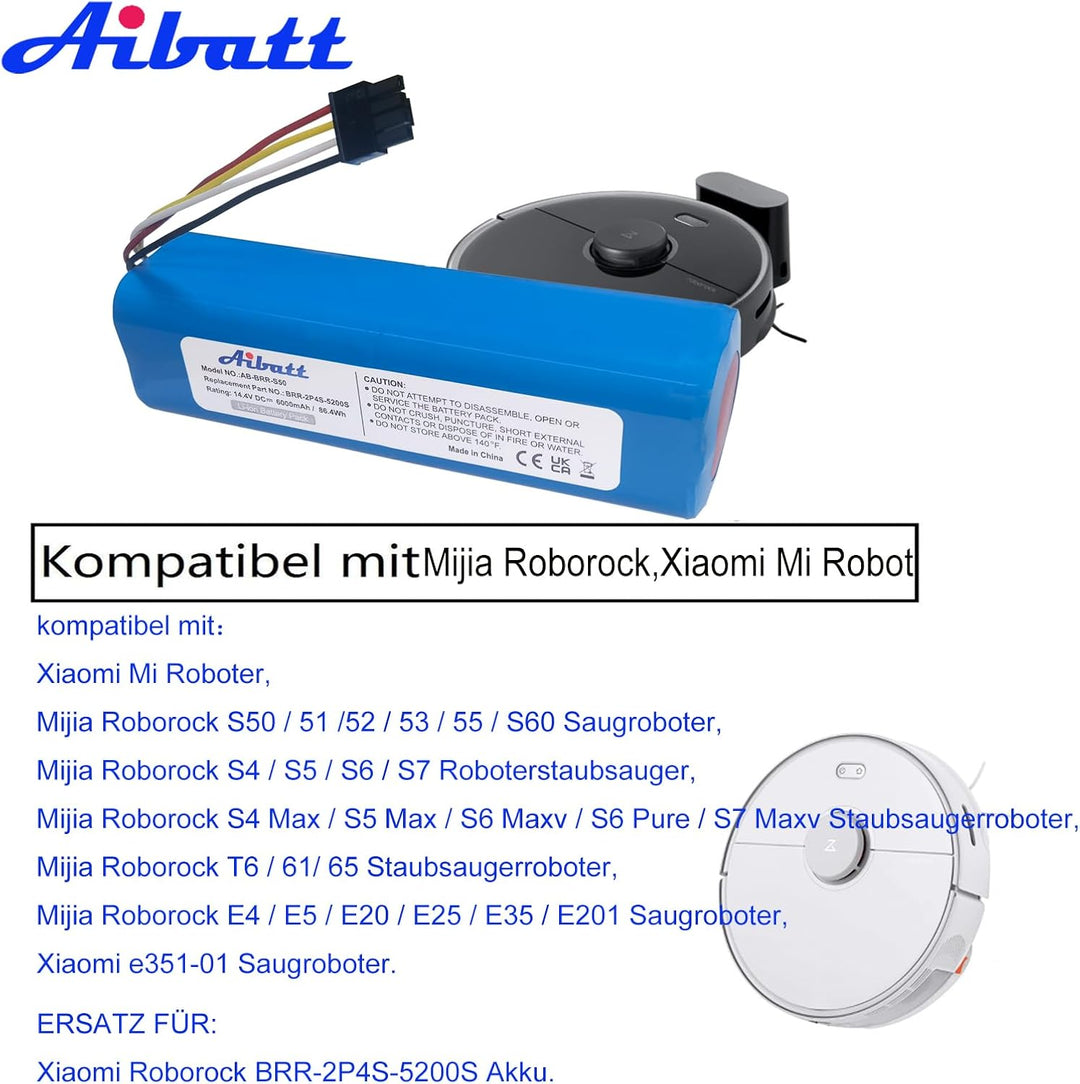 Aibatt 14.4V 6000mAh Li-Ion Akku, Ersatzakku für Xiaomi Mi Roboter, Mijia 1st und 2nd Gen Roborock,M
