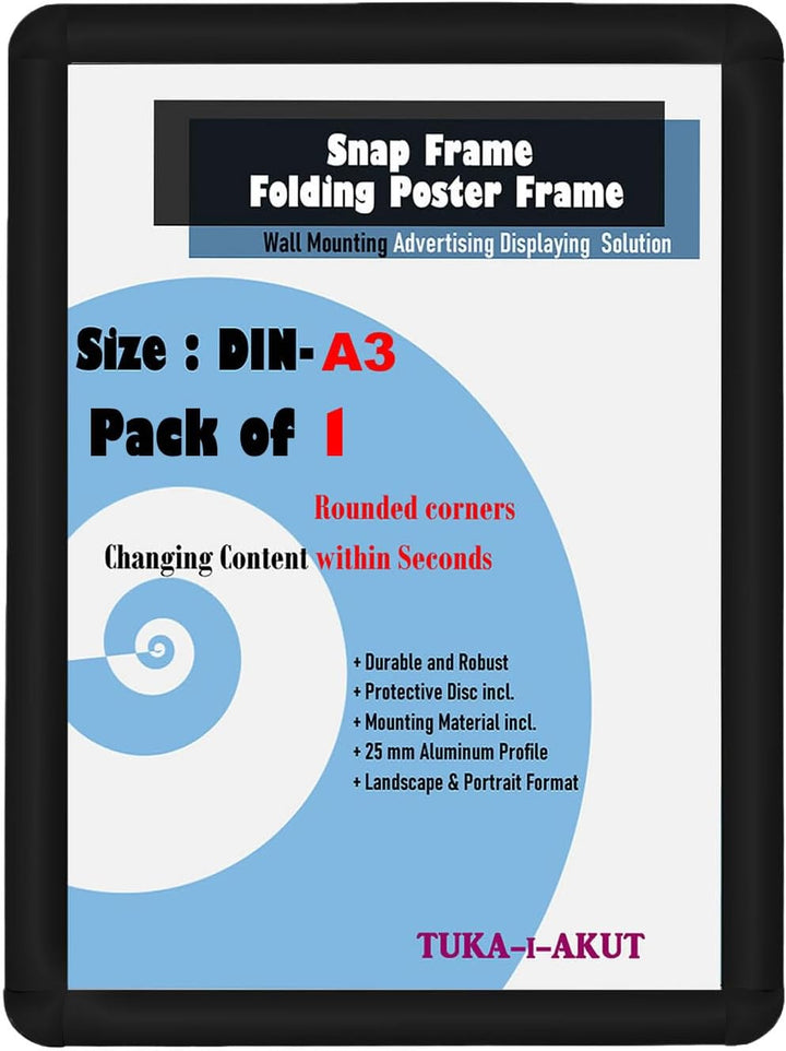 TUKA-i-AKUT Aluminium Klapprahmen DIN A3 | 25 mm Profil | Abgerundete Ecken | Schutzscheibe Befestig