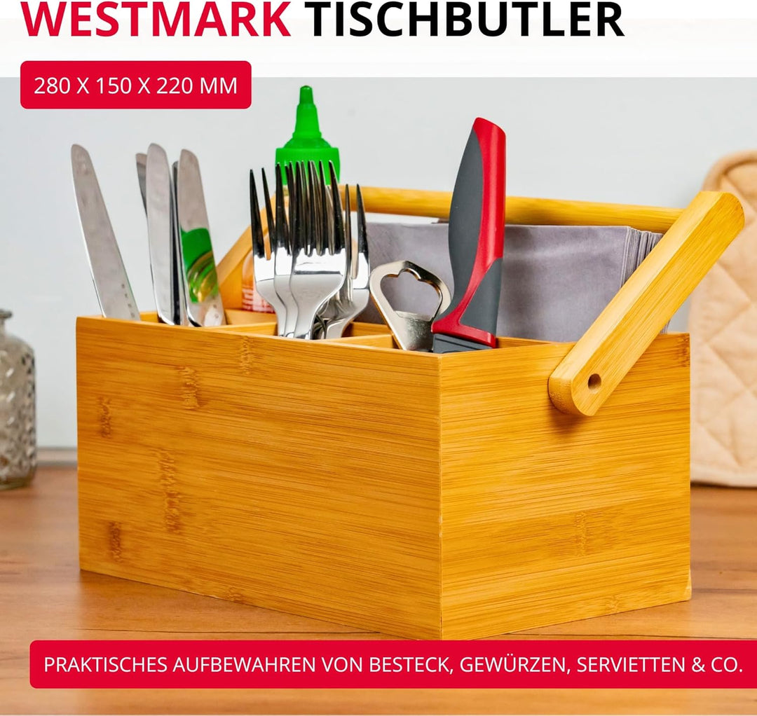 Westmark Küchen-Organizer/Tischbutler, 4 Fächer, mit Tragegriff, Masse: 28 x 15 x 22 cm, Bambus, Tap