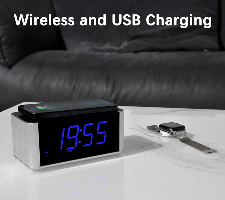 iTOMA Radiowecker Kabelloses Laden, Snooze, Digitales UKW-Radio mit Bluetooth Dual Alarm, Dimmer LED