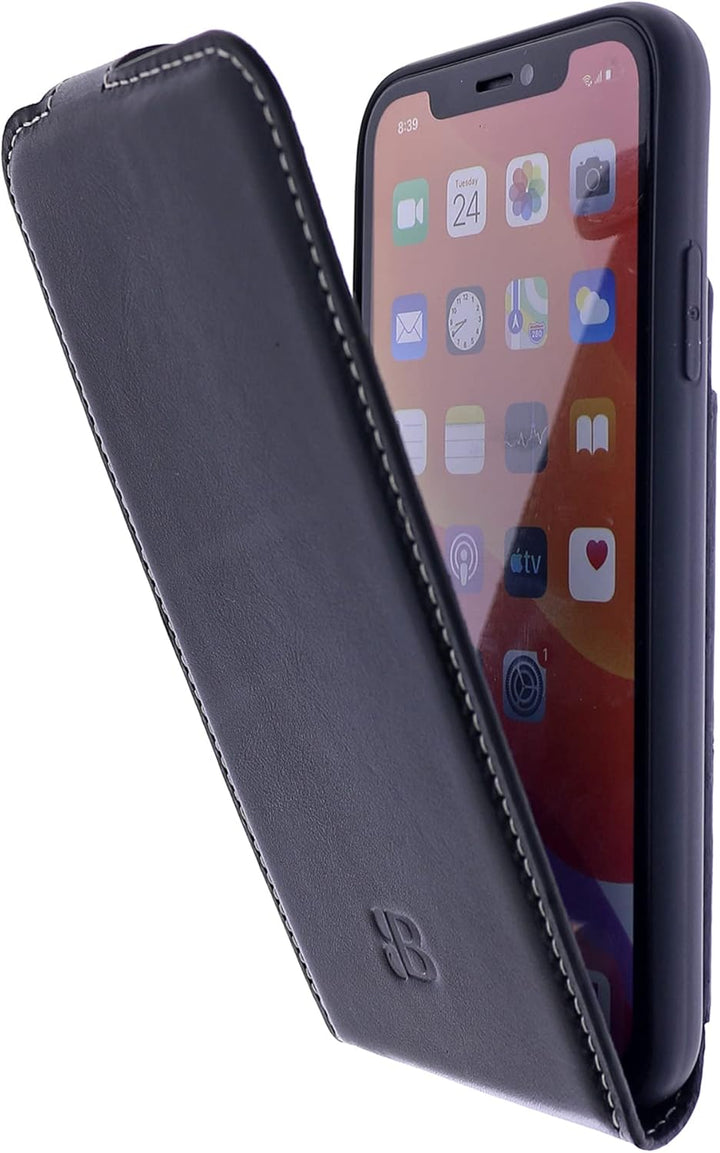 Burkley Flip Case Handyhülle für iPhone 14 Plus - Handytasche aus echtem Rindsleder, 360° Schutz mit