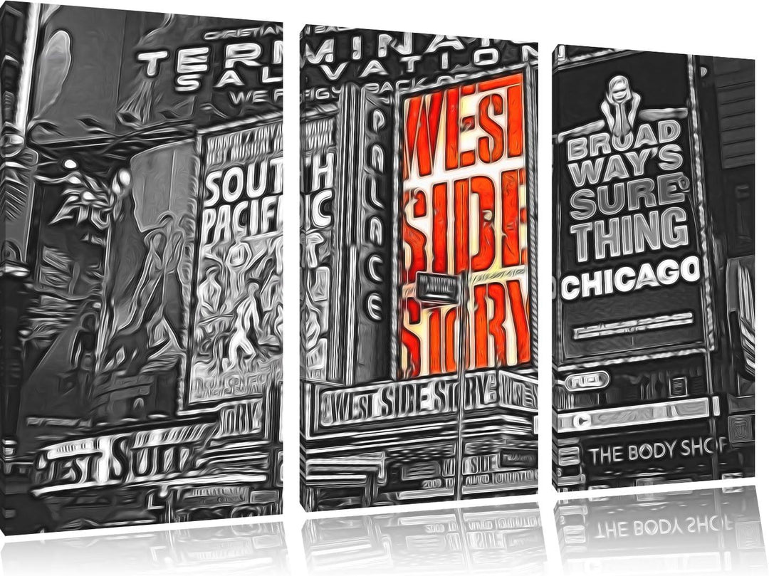 grossartiges Programm des berühmten Broadway's schwarz/weiss Spezial 3-Teiler Leinwandbild 120x80 Bi