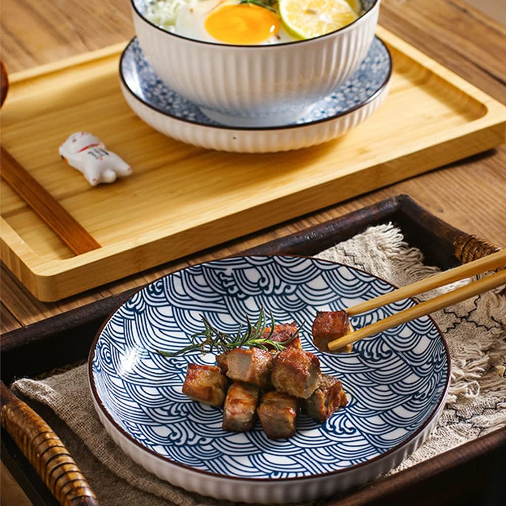fanquare Pastateller 6er Set aus Keramik, Blau und Weiss Porzellan 20,5cm Speiseteller, Japanisches