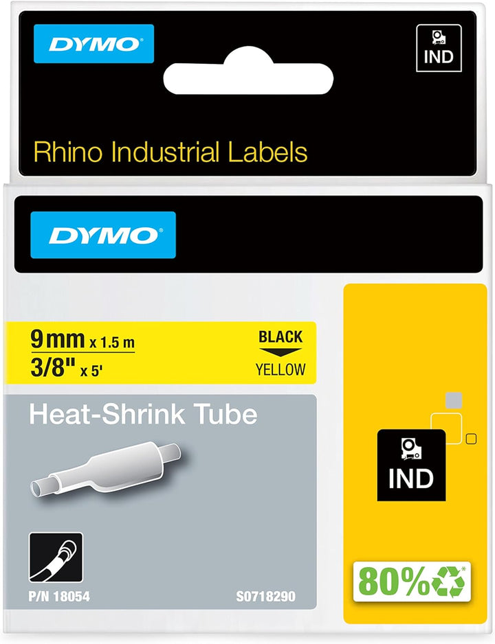 DYMO Rhino Industrie Schrumpfschlauch-Kabeletiketten | 9 mm, 1,5 m | Schwarz auf gelb | für DYMO Rhi