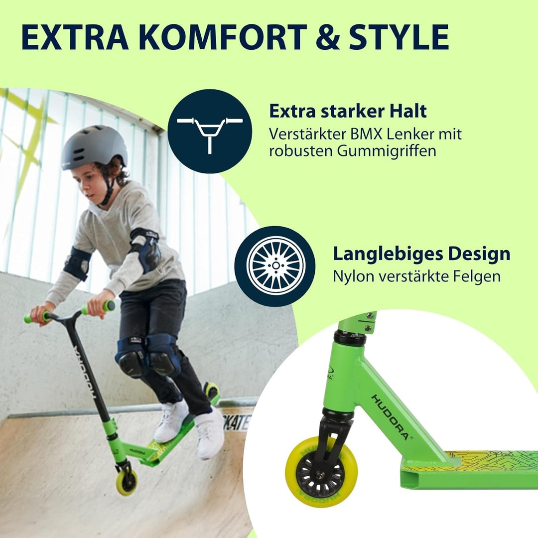 HUDORA Stuntscooter Kids - 360° Lenkung - Tretroller - ABEC 9 Kugellager - Robuster Funscooter, Kick