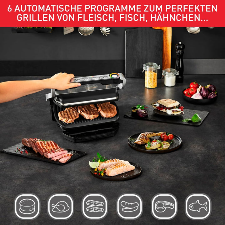 Tefal GC714D OptiGrill+ Kontaktgrill mit Backschale | 2000 Watt | 6 voreingestellte Programme | Auft