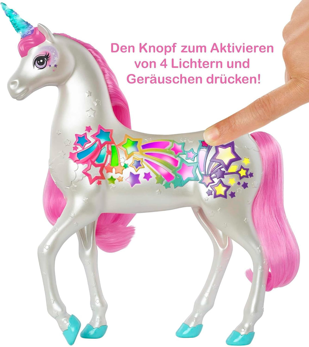 Barbie Einhorn, Dreamtopia Brush 'N Sparkle Unicorn, Barbie Zubehör mit magischer Bürste für 4 Licht