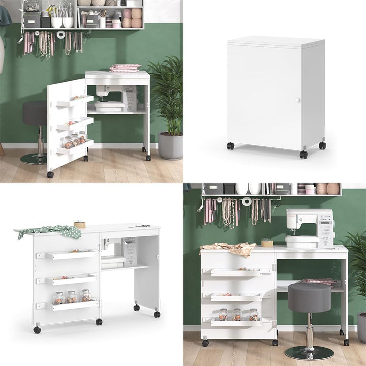 Vicco Nähtisch Carmen, Nähmaschinenschrank, Weiss, 118.5 x 79.5 cm mit 3 Regalen Weiss 118 cm, Wei&#