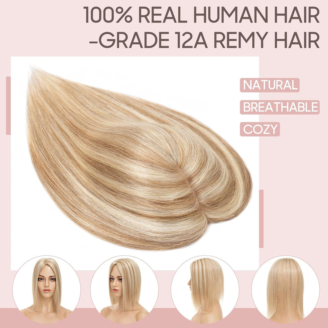 Silk-co Hair Topper Echthaar, 10x12cm Basis Toupet Damen, Haartopper Echthaar mit Remy Seide Basis,