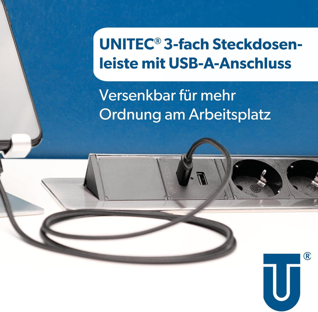 Unitec Versenkbare Steckdosenleiste horizontal | 2 USB Ladebuchsen | 3 Steckdosen | beiliegende Halt