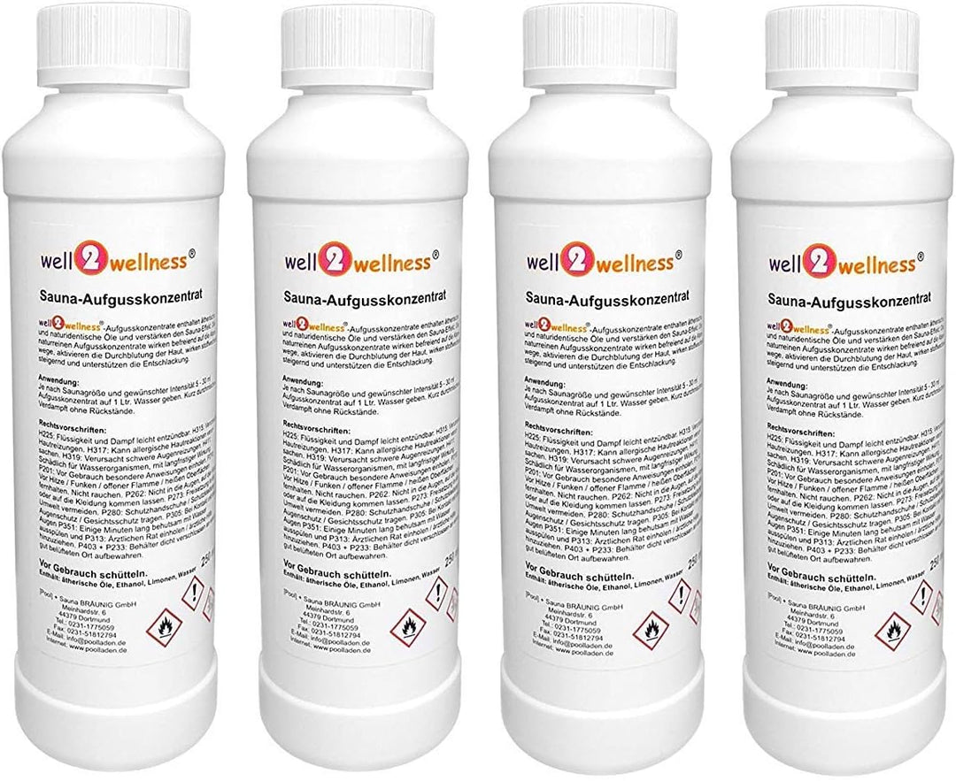 well2wellness® Saunaaufguss Set 4 x 250 ml mit Ingwer-Citro, Limette-Bambus, Mango-Maracuja, Grapefr
