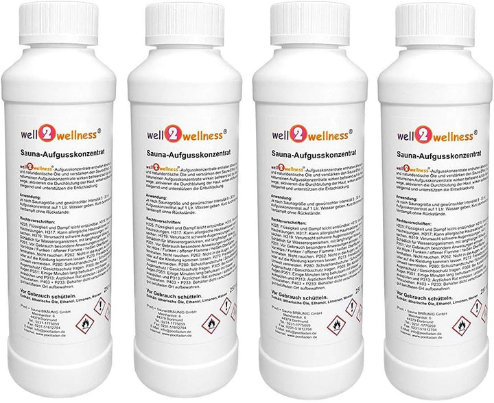 well2wellness® Saunaaufguss Set 4 x 250 ml mit Ingwer-Citro, Limette-Bambus, Mango-Maracuja, Grapefr