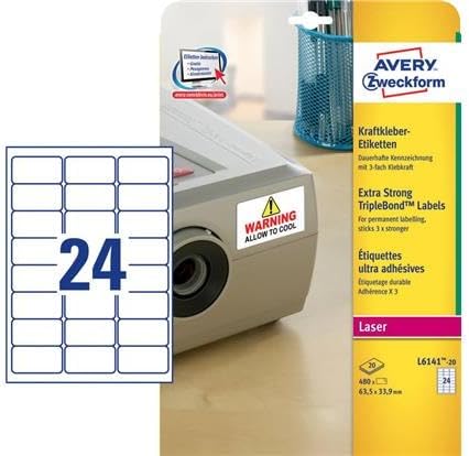 Avery L6141-20 Etiketten für Laserdrucker stark klebend 63,5 x 33,9 mm 480 Stück Weiss