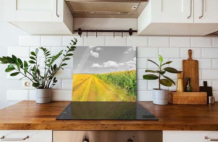Feldweg Sonnenblumen Herdabdeckplatte & Spritzschutz aus Echtglas | Für Herd-Kochfelder | 60x52 cm