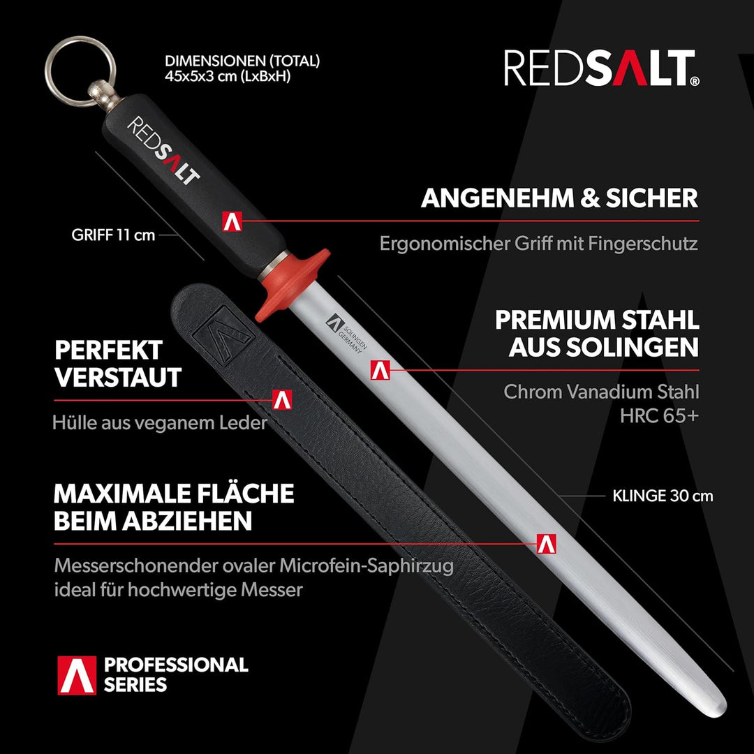 REDSALT® Premium Wetzstahl 30cm ovaler Microfein Saphirzug für hochwertige Messer | HRC 65 Chrom Van