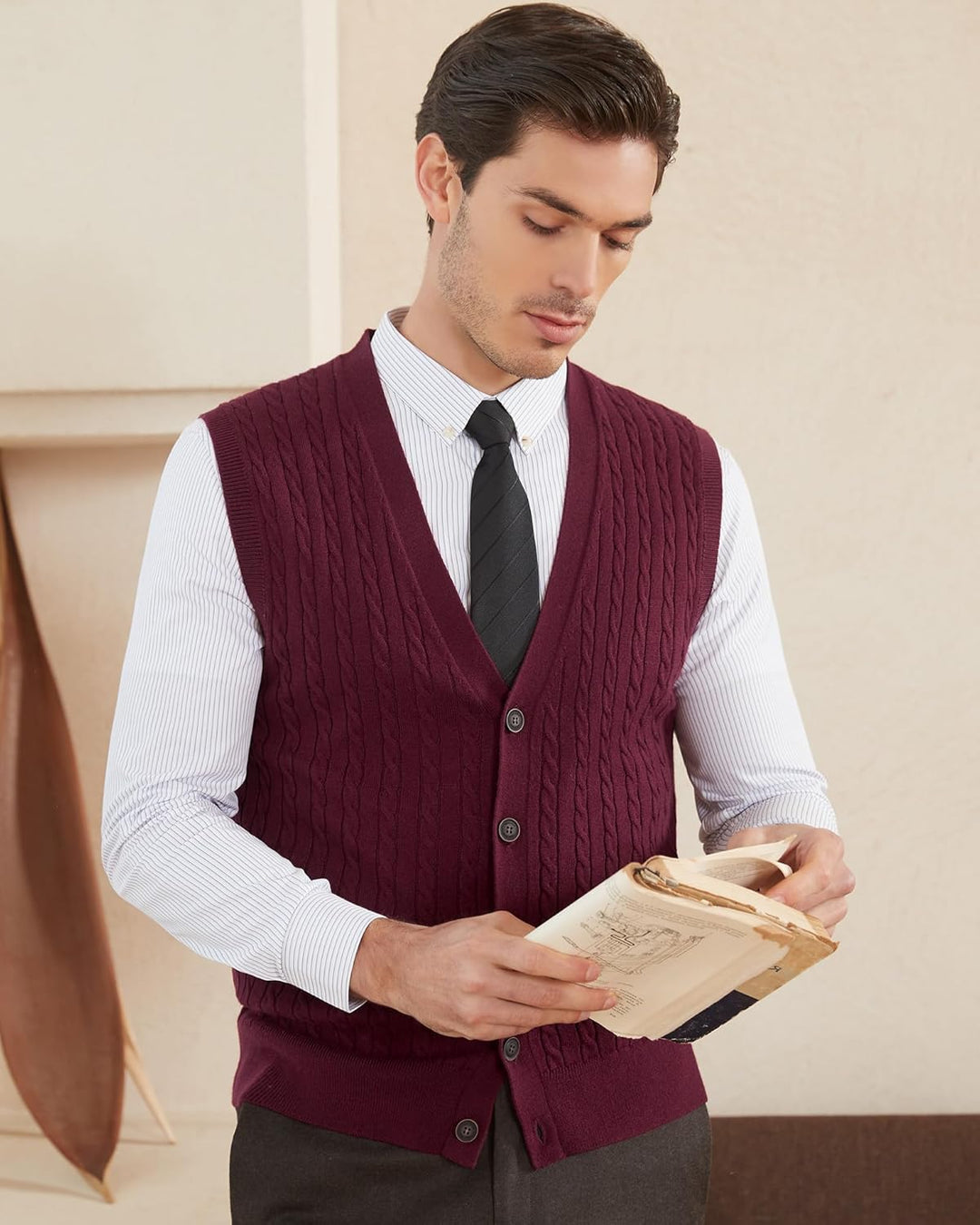 Kallspin Herren Strickweste Ärmellos Cardigan Wollmischung mit Zopfmuster und Knöpfen S Burgund, S B