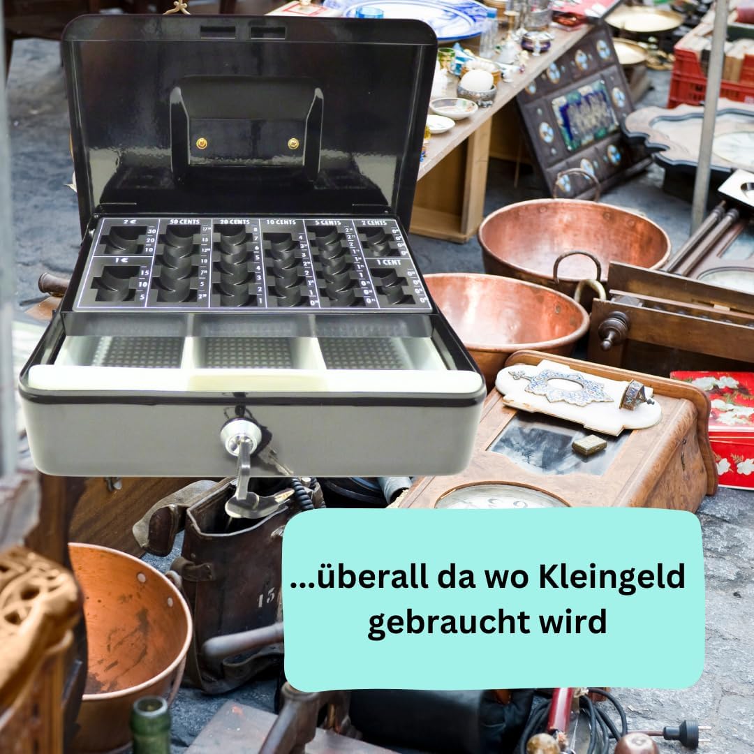 Geldkassette aus Metall - Schwarz mit Münzeinsatz - 250 x 180 x 90 mm, Schwarz