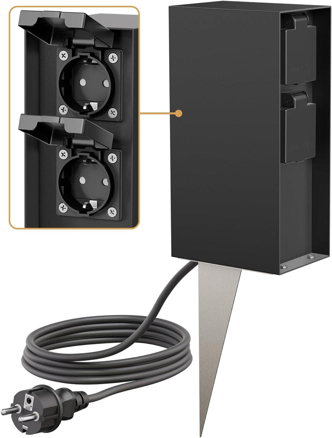 ledscom.de Garten-Steckdosen-Säule POMI mit Erdspiess und 2m Kabel für aussen, IP44, 4-Fach, schwarz