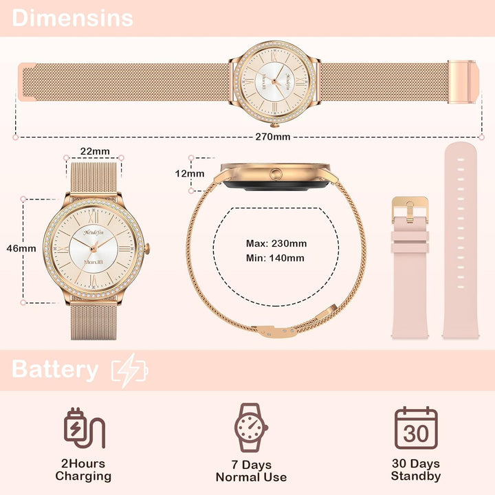 Nendefin Smartwatch Damen mit Telefonfunktion,Smart Watch mit Diamanten Armband,Sprachassistent Fitn