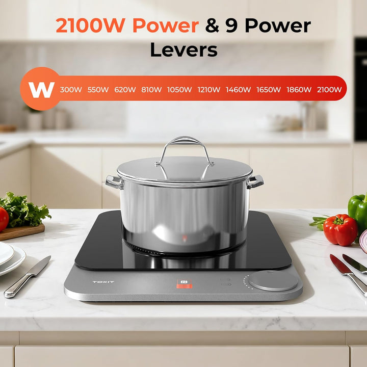 TOKIT Induktionskochplatte automatische Topferkennung 2100W 1-Tasten-Steuerung 16mm ultra-dünn Sous-
