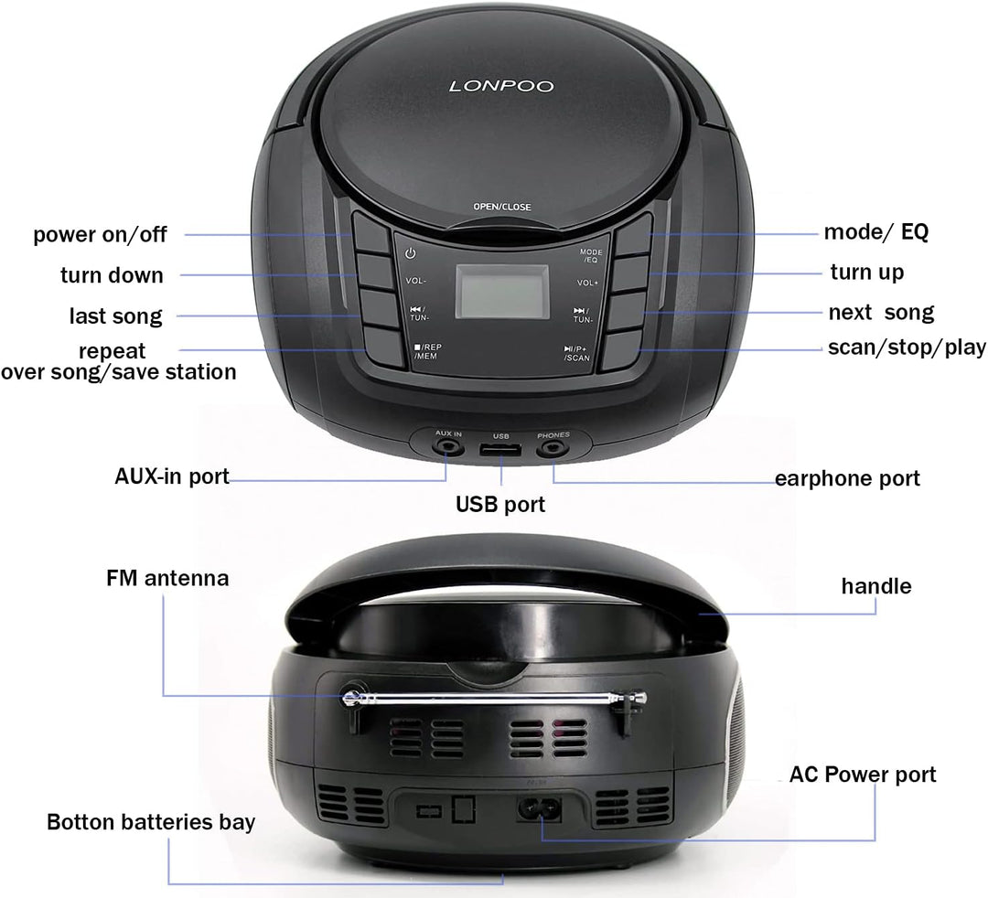 Tragbarer CD-Player Boombox mit FM-Radio/Bluetooth/USB/AUX-Eingang | 3,5 mm MIC & Kopfhöreranschluss