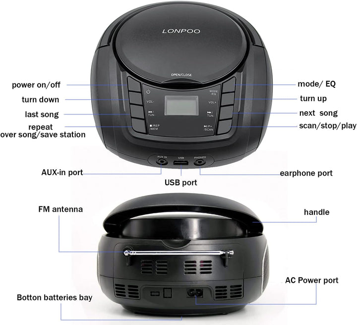 Tragbarer CD-Player Boombox mit FM-Radio/Bluetooth/USB/AUX-Eingang | 3,5 mm MIC & Kopfhöreranschluss