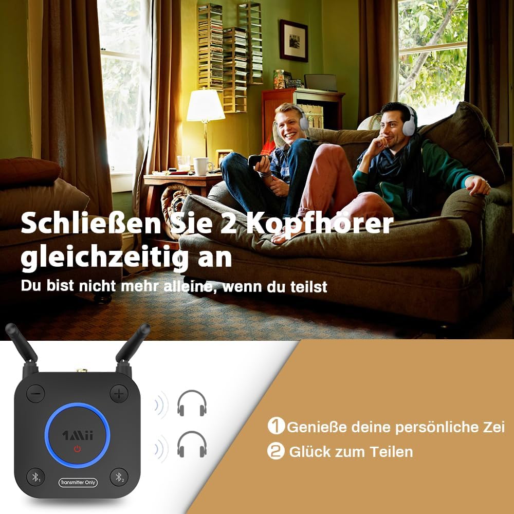 1Mii Bluetooth Transmitter TV, Grosse Reichweite Bluetooth Audio Sender mit Dual Antenna, aptX Low L