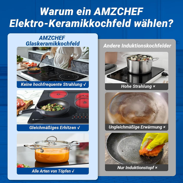 AMZCHEF Glaskeramikkochfeld 5 Zonen, Einbau Keramikkochfeld 77CM mit Ovale Zone und Dreierzone, 9 Le