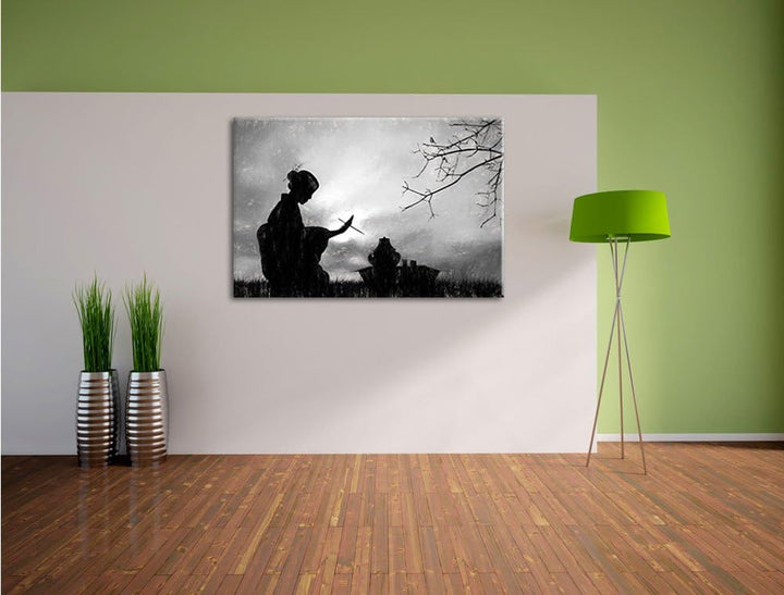 Geisha Kohle Effekt, Format: 100x70 auf Leinwand, XXL riesige Bilder fertig gerahmt mit Keilrahmen,