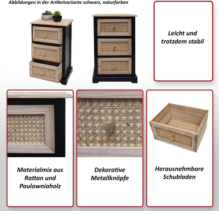 Mendler Kommode HWC-K87, Schubladenschrank Schrank, Holz Rattan 63x40x28cm - schwarz, naturfarben, S