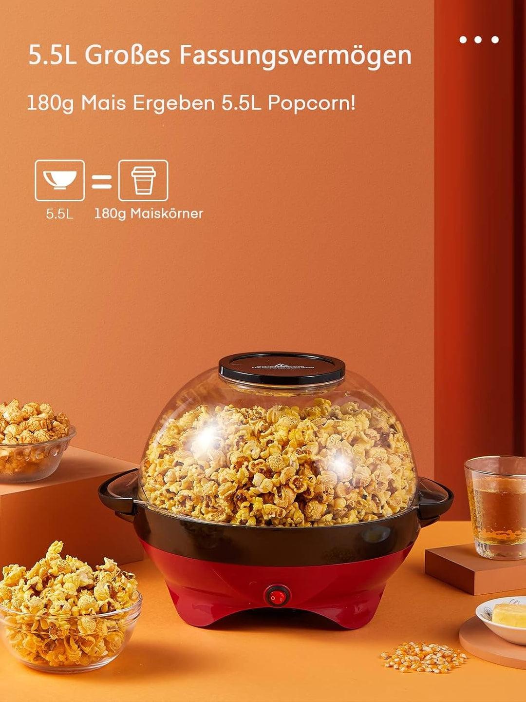 Popcornmaschine, 5.5L / 180g, HOUSNAT 800W Zuhause Popcorn Maker Machine mit Antihaftbeschichtung un