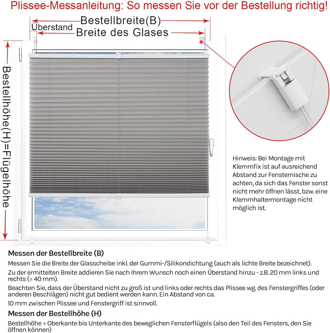 WOLTU Plissee ohne Bohren Klemmfix Faltrollo Jalousie Grau 100x130cm (BxH), Plisseerollo Crushed Opt