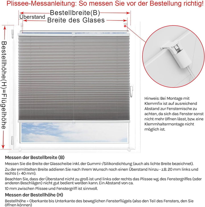 WOLTU Plissee ohne Bohren Klemmfix Faltrollo Jalousie Grau 100x130cm (BxH), Plisseerollo Crushed Opt