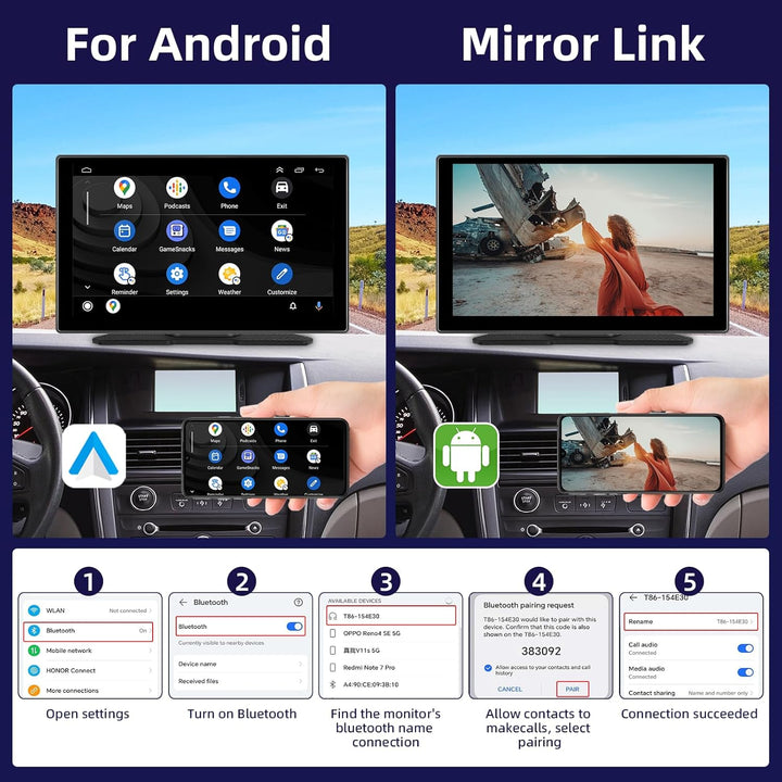 Hodozzy Tragbares Autoradio Wireless CarPlay Display Android Auto, Airplay Mirror Link, 9 Zoll Touch